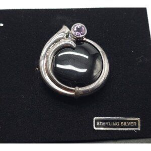 925 Sterling Silver Vintage Black Onyx and Amethyst Round Brooch Pin